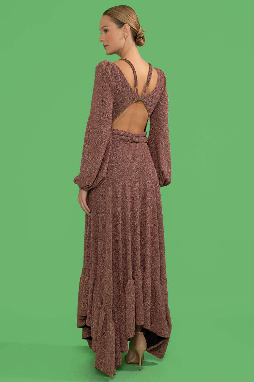 VESTIDO LONGO ASSIMÉTRICO LUREX BARDOT COBRE