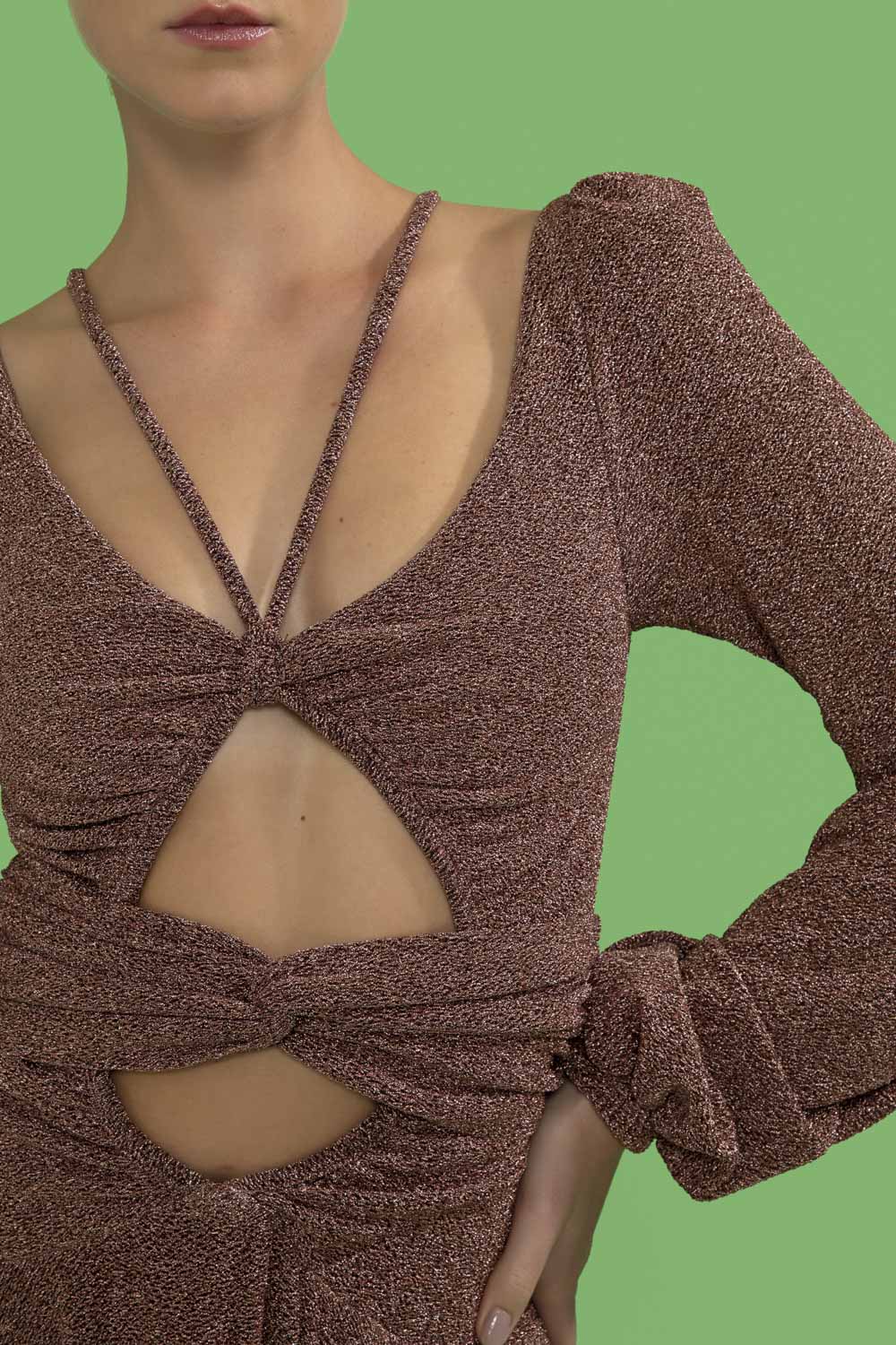 VESTIDO LONGO ASSIMÉTRICO LUREX BARDOT COBRE