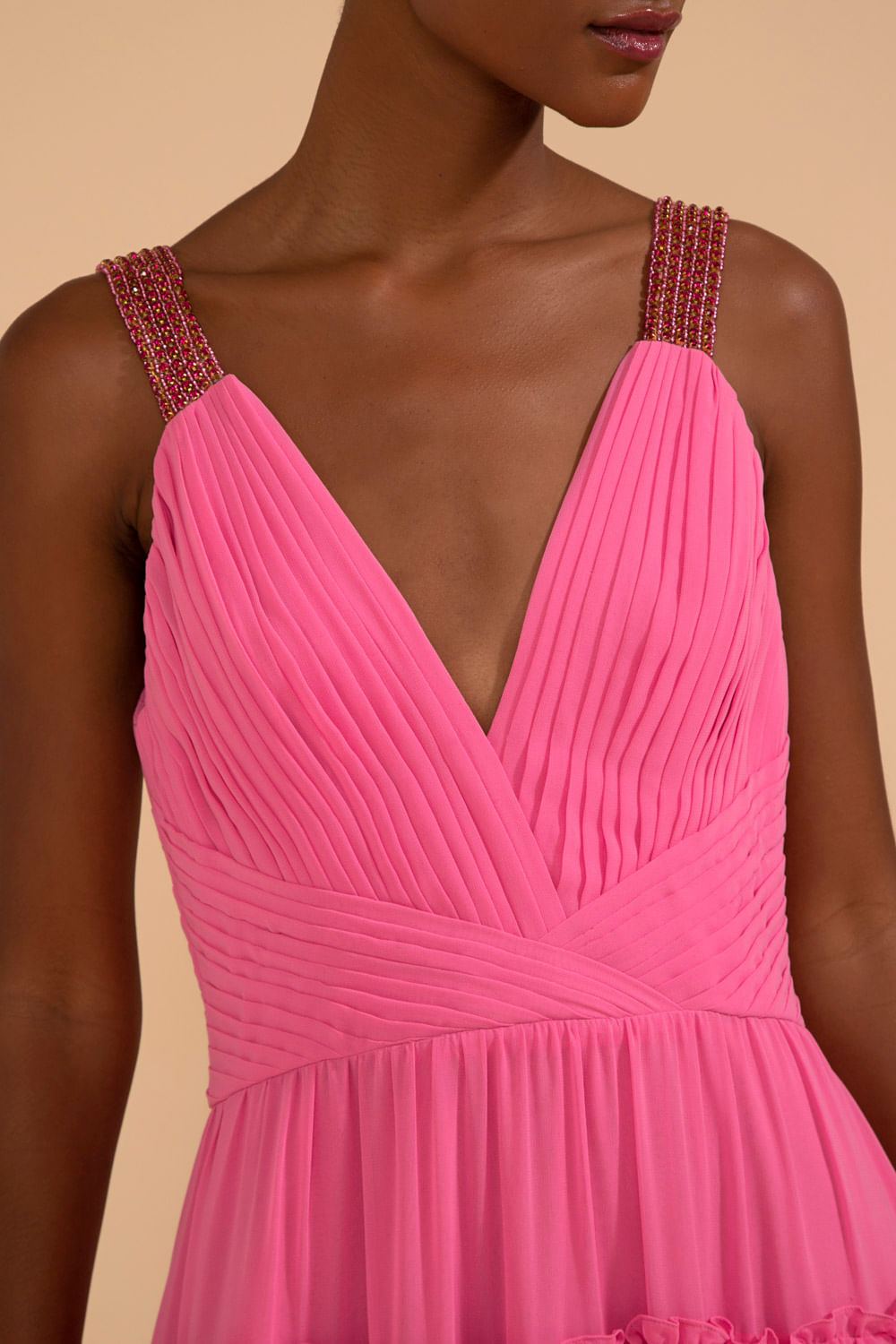 VESTIDO LONGO ALÇA STRASS CHIFFON ÍRIS ROSA