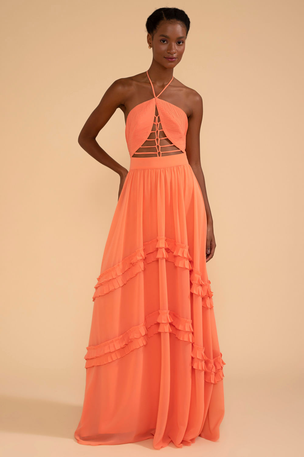 VESTIDO LONGO TIRAS CHIFFON ÍRIS LARANJA