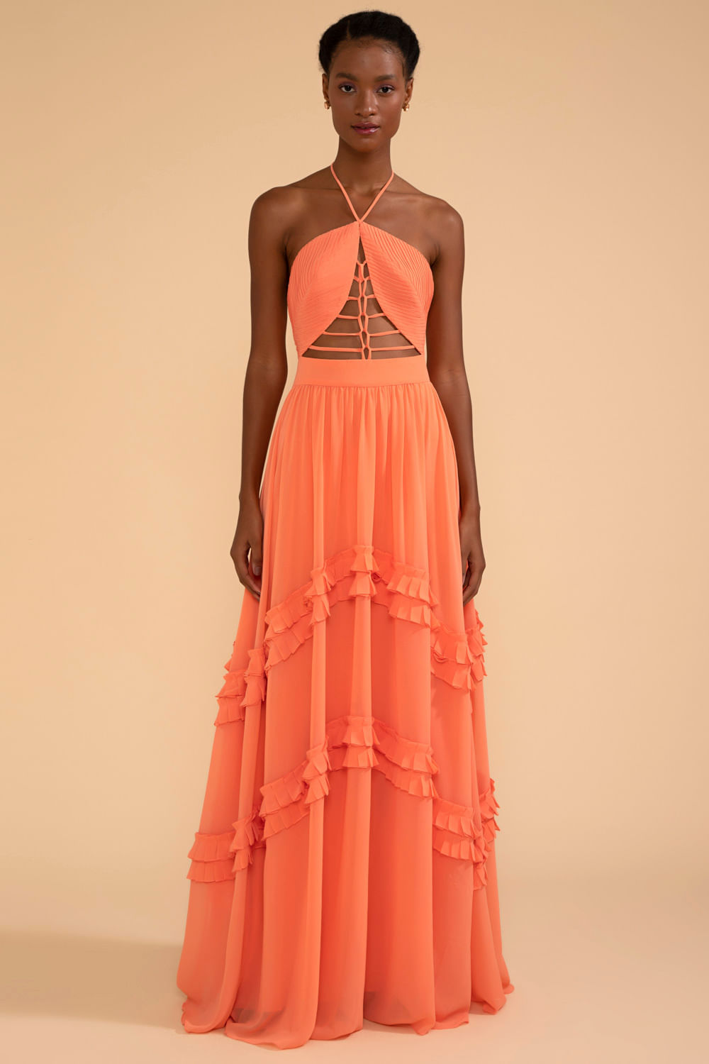 VESTIDO LONGO TIRAS CHIFFON ÍRIS LARANJA