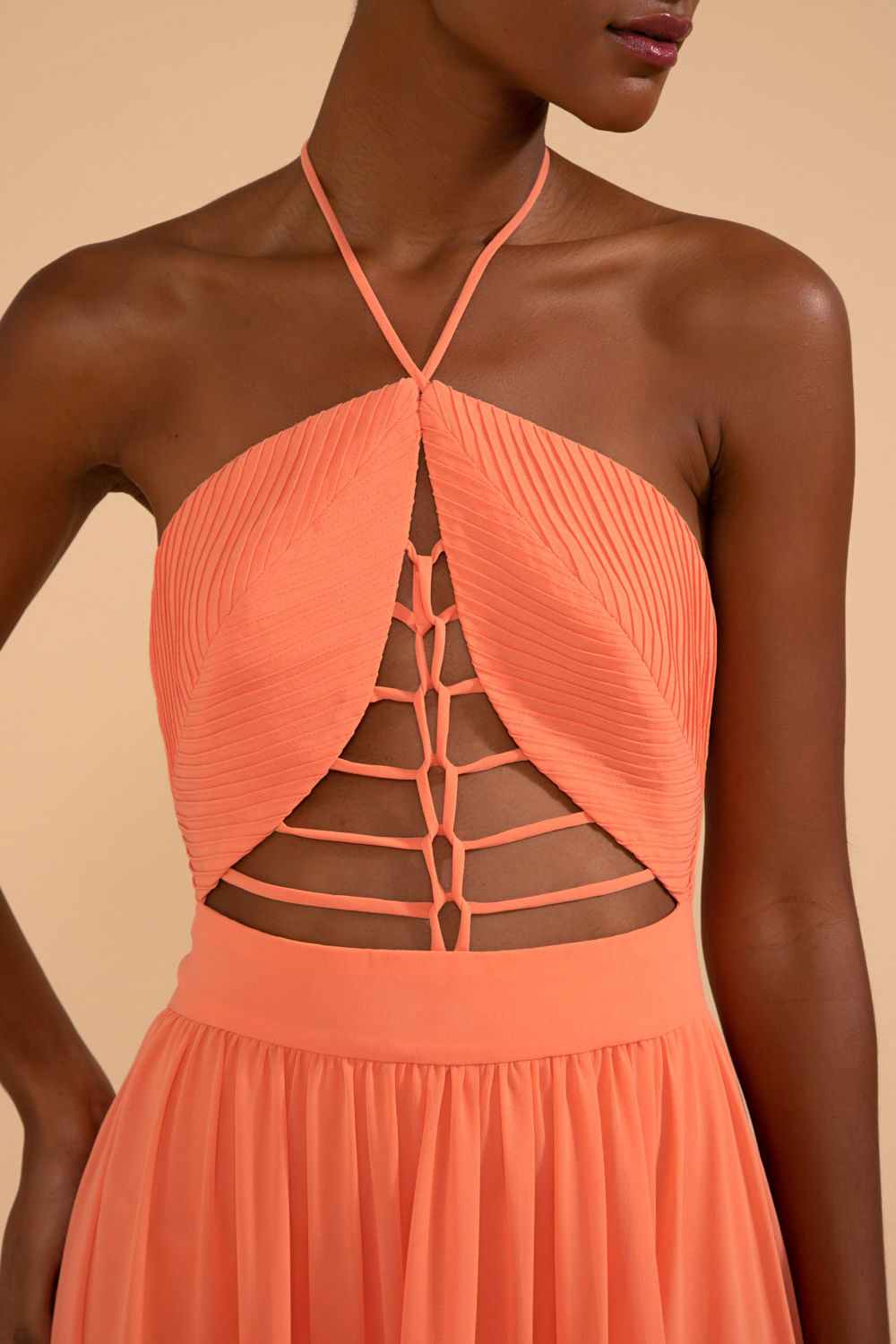 VESTIDO LONGO TIRAS CHIFFON ÍRIS LARANJA