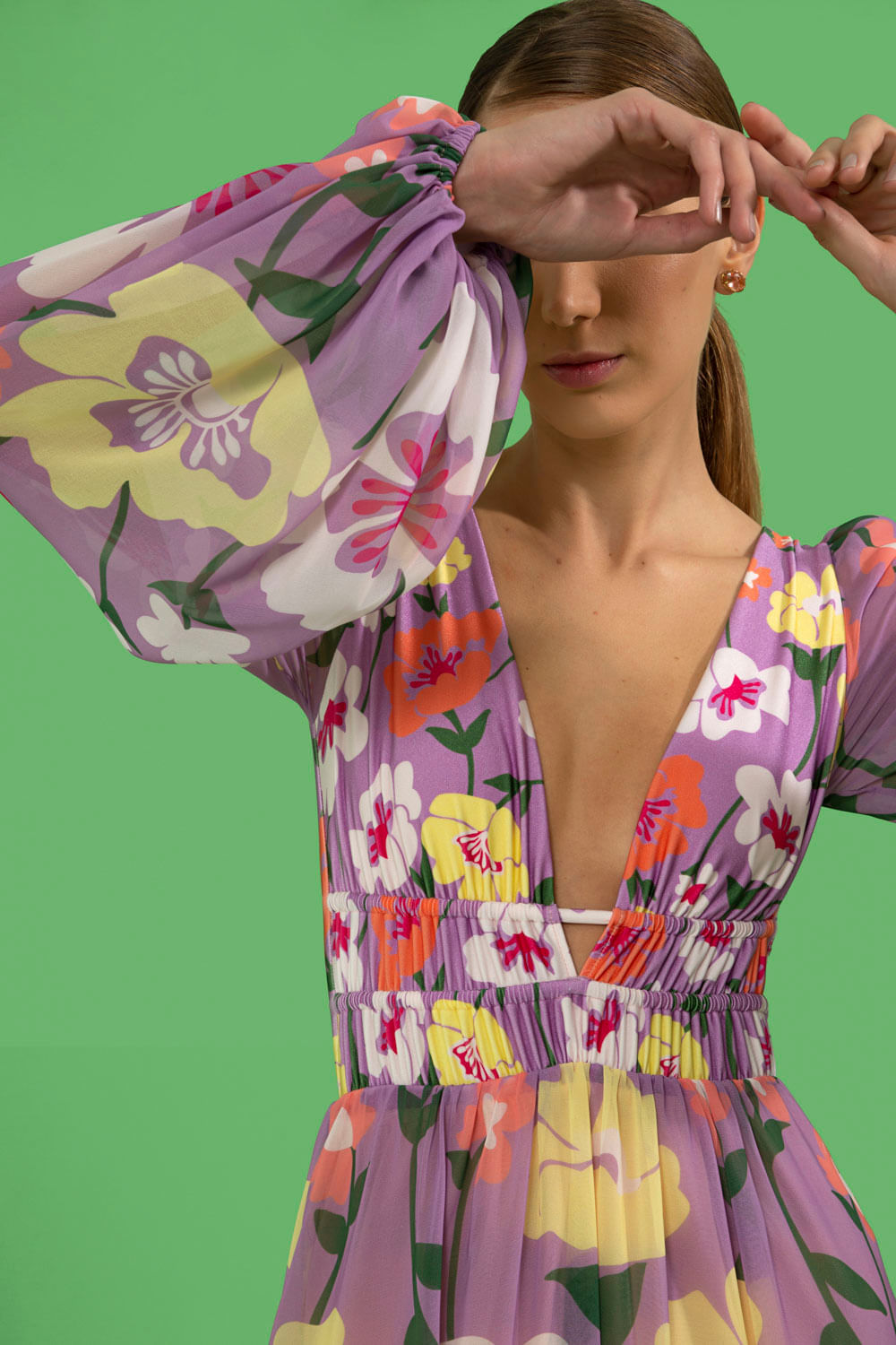 VESTIDO MÍDI OMBRO A OMBRO RETRÔ FLOWER LILAS