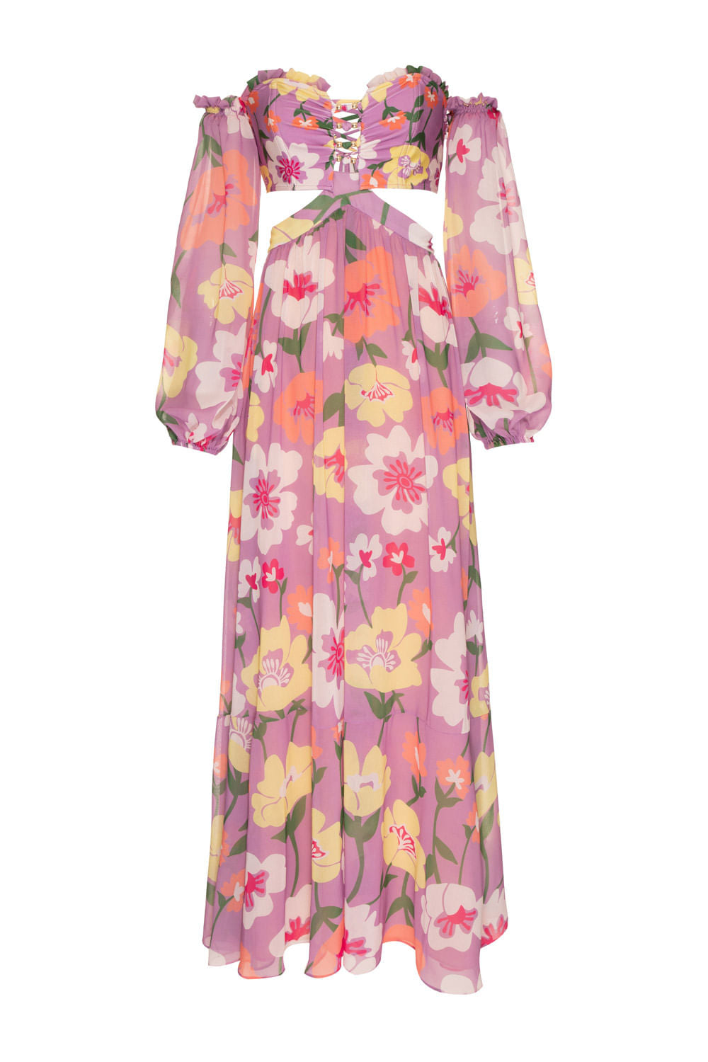 VESTIDO LONGO MANGAS RETRO FLOWER LILAS