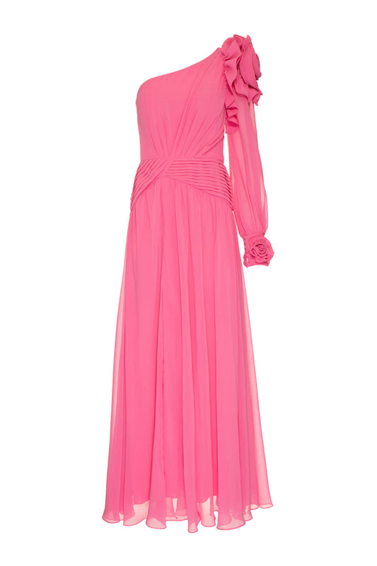 VESTIDO LONGO MANGA ÚNICA CHIFFON ÍRIS ROSA