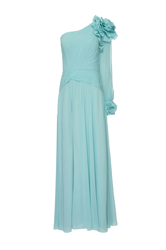 VESTIDO LONGO MANGA ÚNICA CHIFFON ÍRIS AZUL