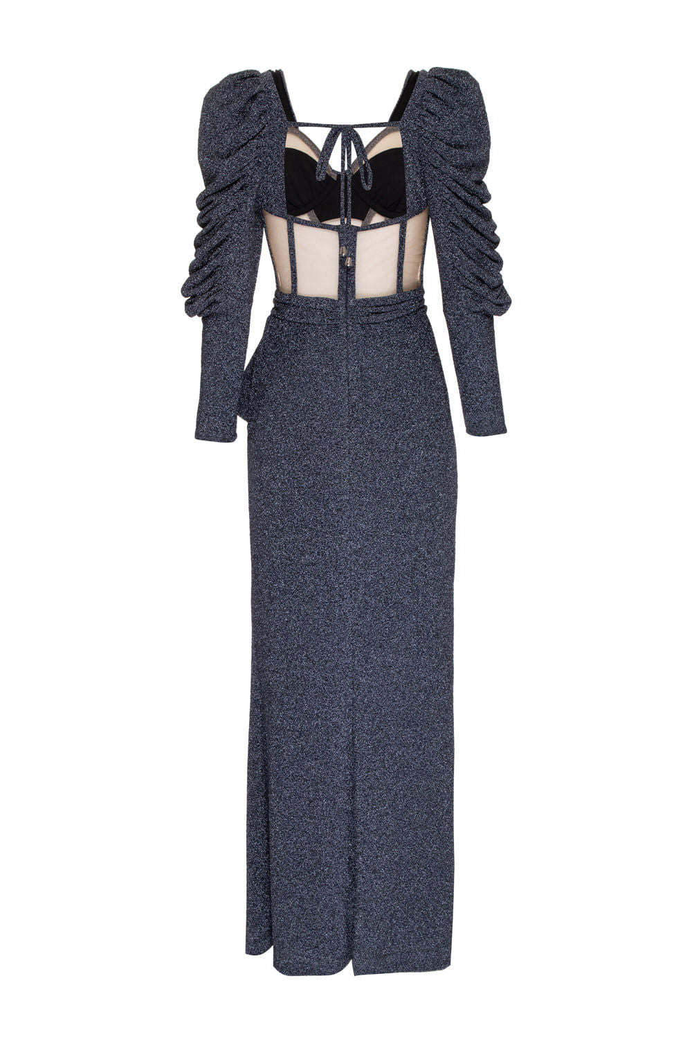 VESTIDO LONGO MANGAS LUREX BARDOT GRAFITE