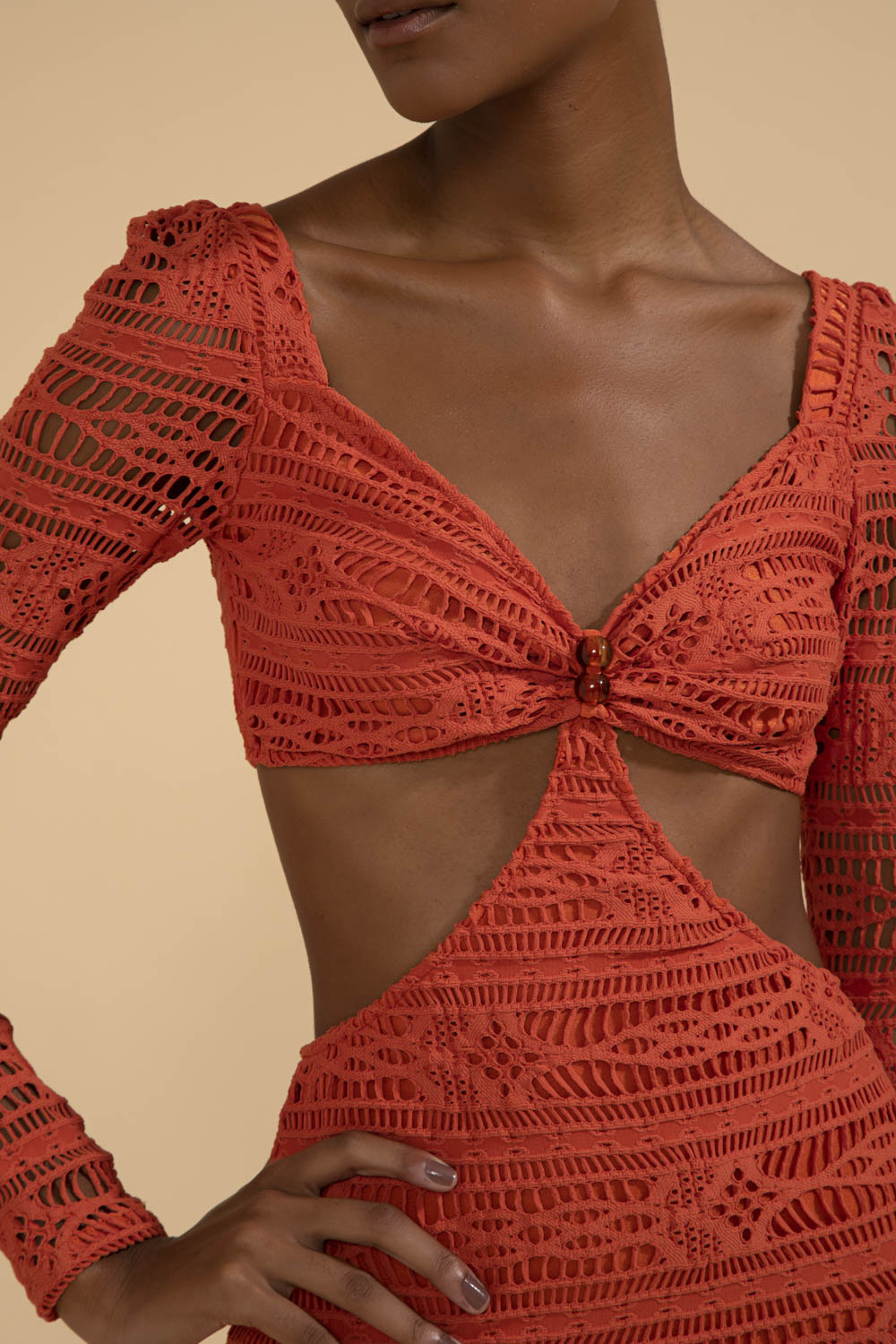 VESTIDO MÍDI MANGA LONGA LYCRA APRICOT LARANJA