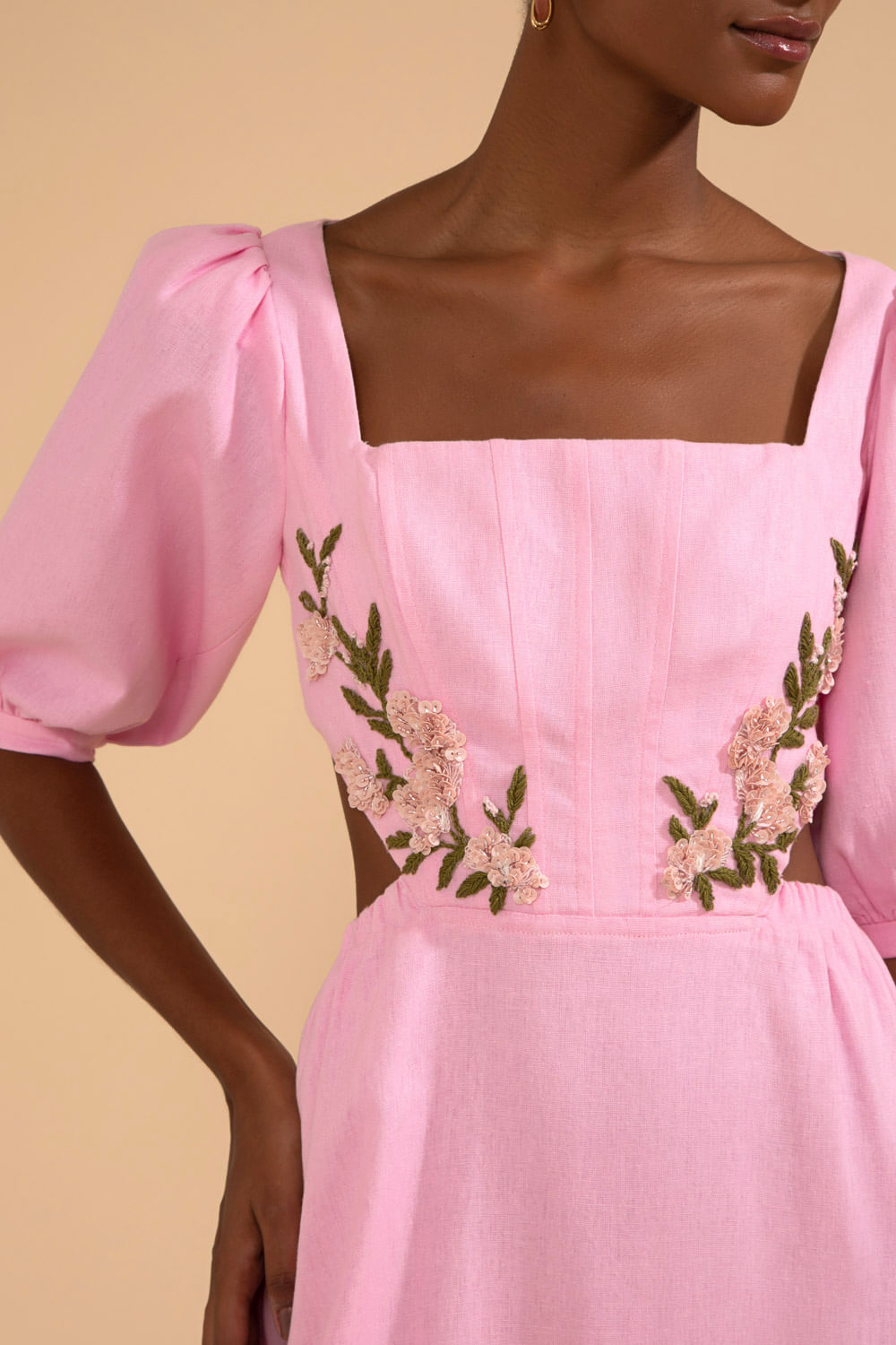 VESTIDO MÍDI CORSET LINHO FRENCH ROSA