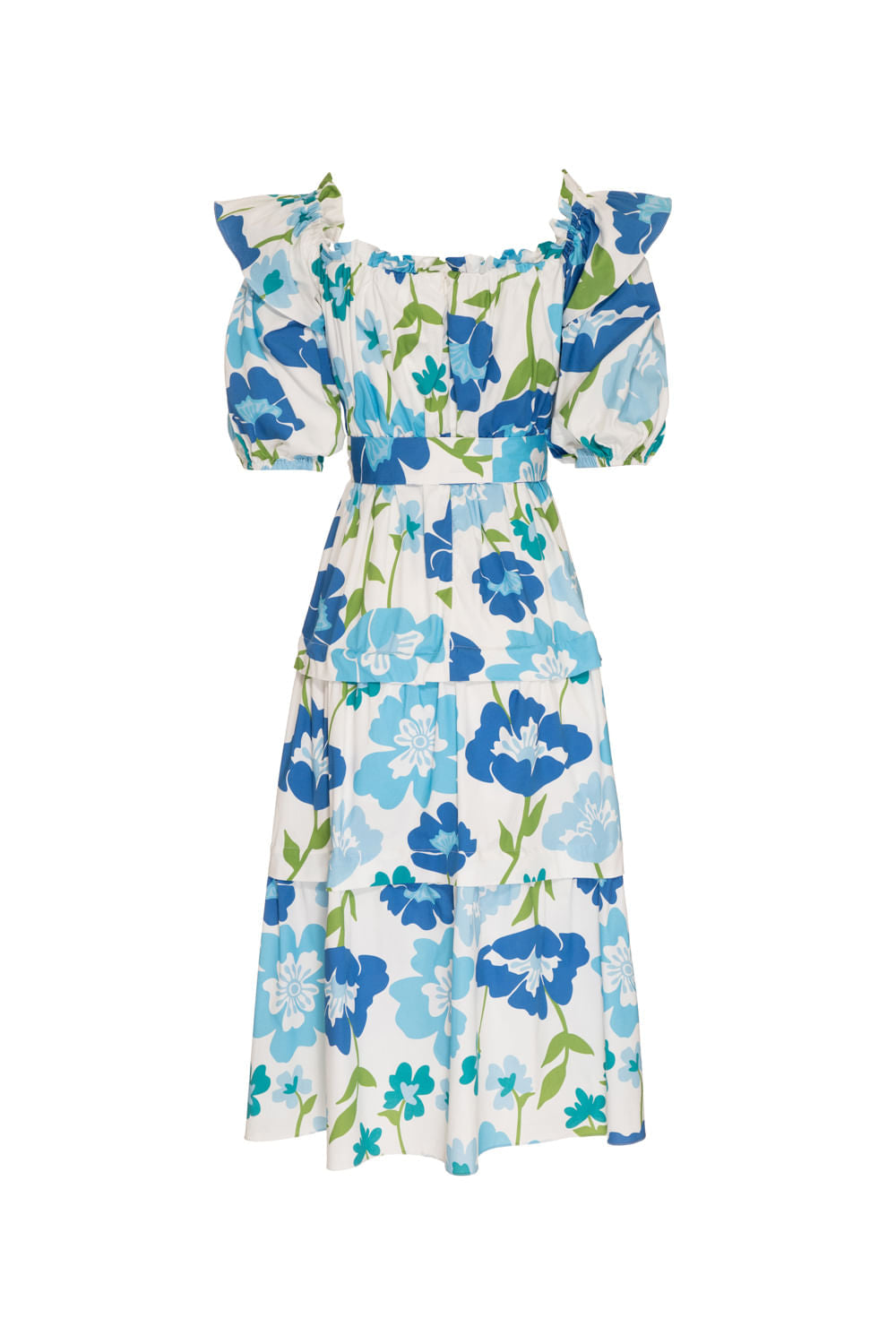 VESTIDO MÍDI OMBRO A OMBRO RETRÔ FLOWER OFF WHITE