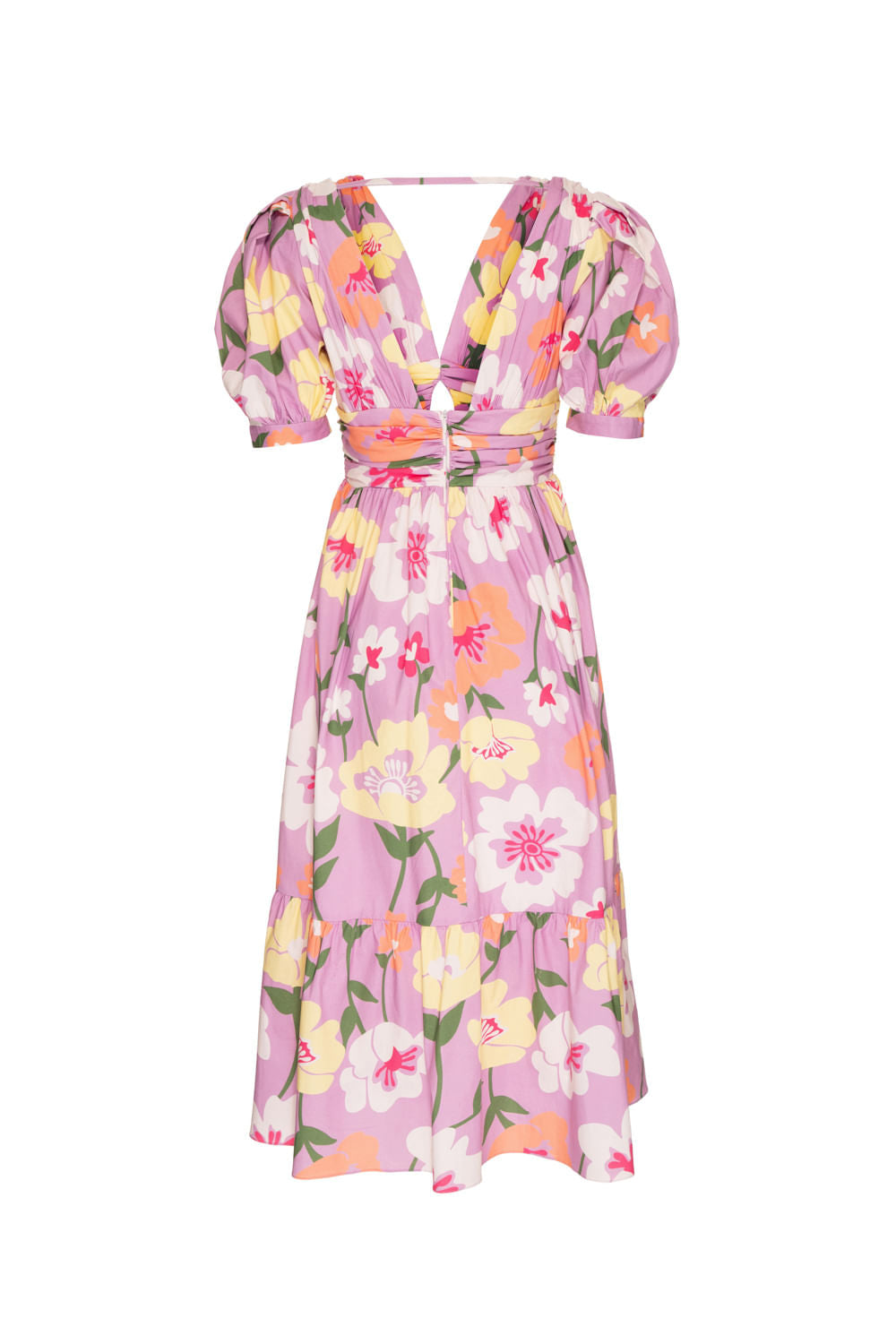 VESTIDO MÍDI FRANZIDO RETRÔ FLOWER LILAS