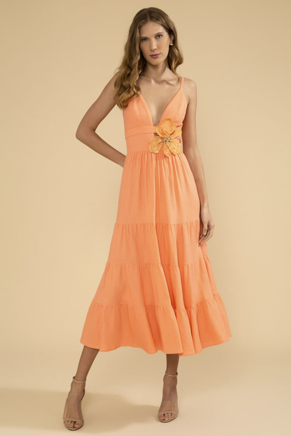 VESTIDO MÍDI FLOR LINHO BALNEÁRIO CORAL