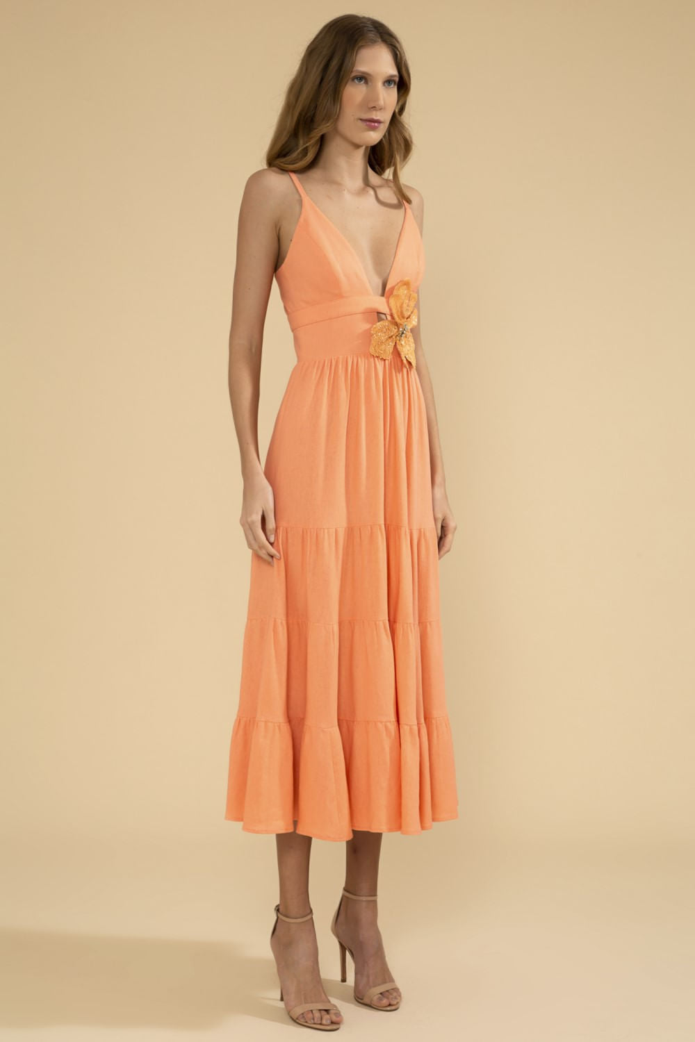 VESTIDO MÍDI FLOR LINHO BALNEÁRIO CORAL