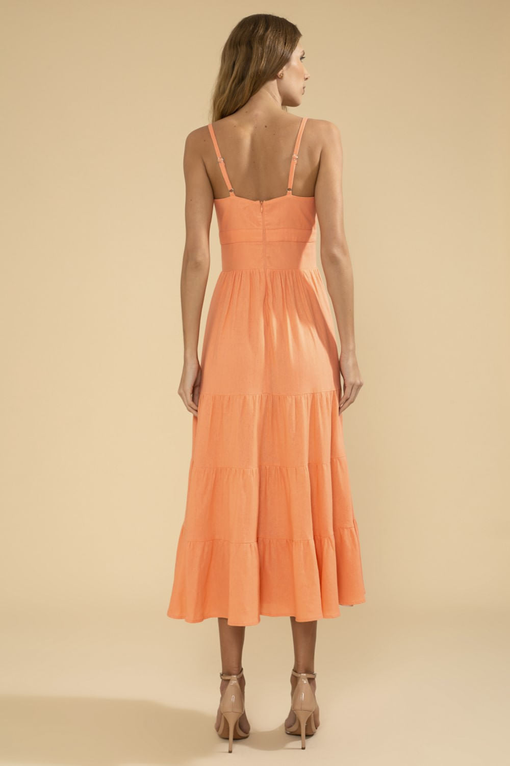 VESTIDO MÍDI FLOR LINHO BALNEÁRIO CORAL