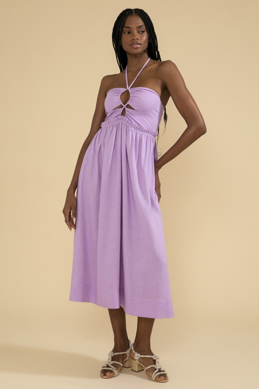 VESTIDO MÍDI FRANZIDO LINHO BALNEÁRIO LILAS