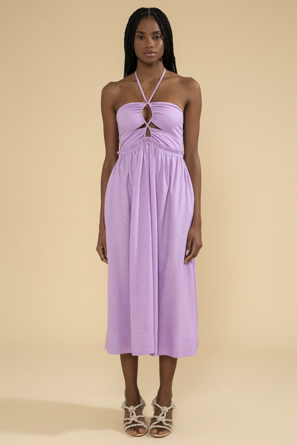 VESTIDO MÍDI FRANZIDO LINHO BALNEÁRIO LILAS