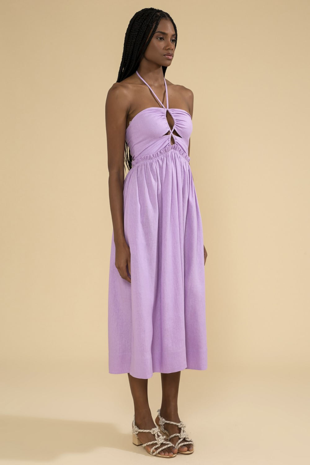 VESTIDO MÍDI FRANZIDO LINHO BALNEÁRIO LILAS