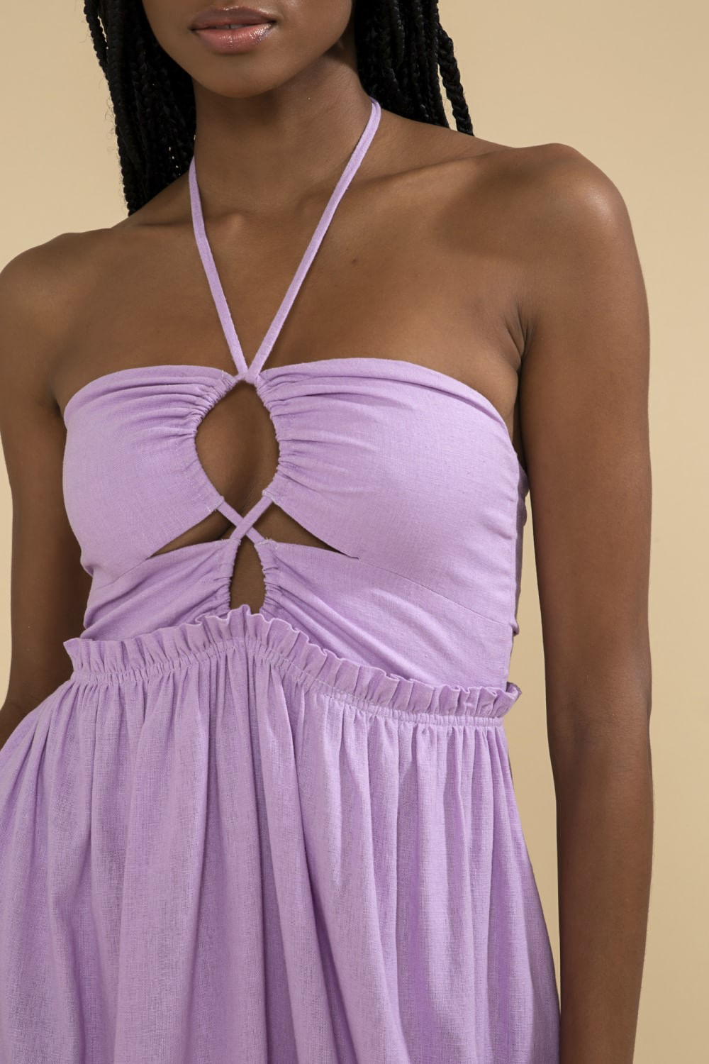 VESTIDO MÍDI FRANZIDO LINHO BALNEÁRIO LILAS