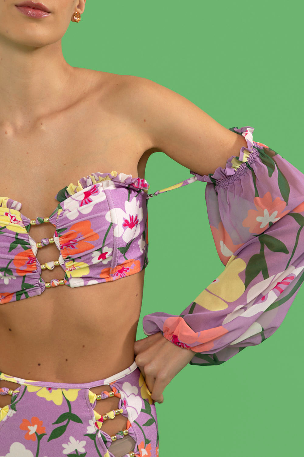 TOP BIQUÍNI MANGAS RETRÔ FLOWER LILAS