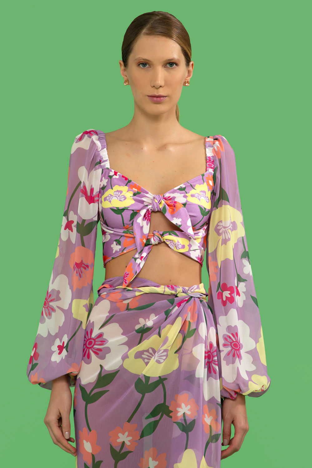 TOP BIQUÍNI MANGA LONGA RETRÔ FLOWER LILAS