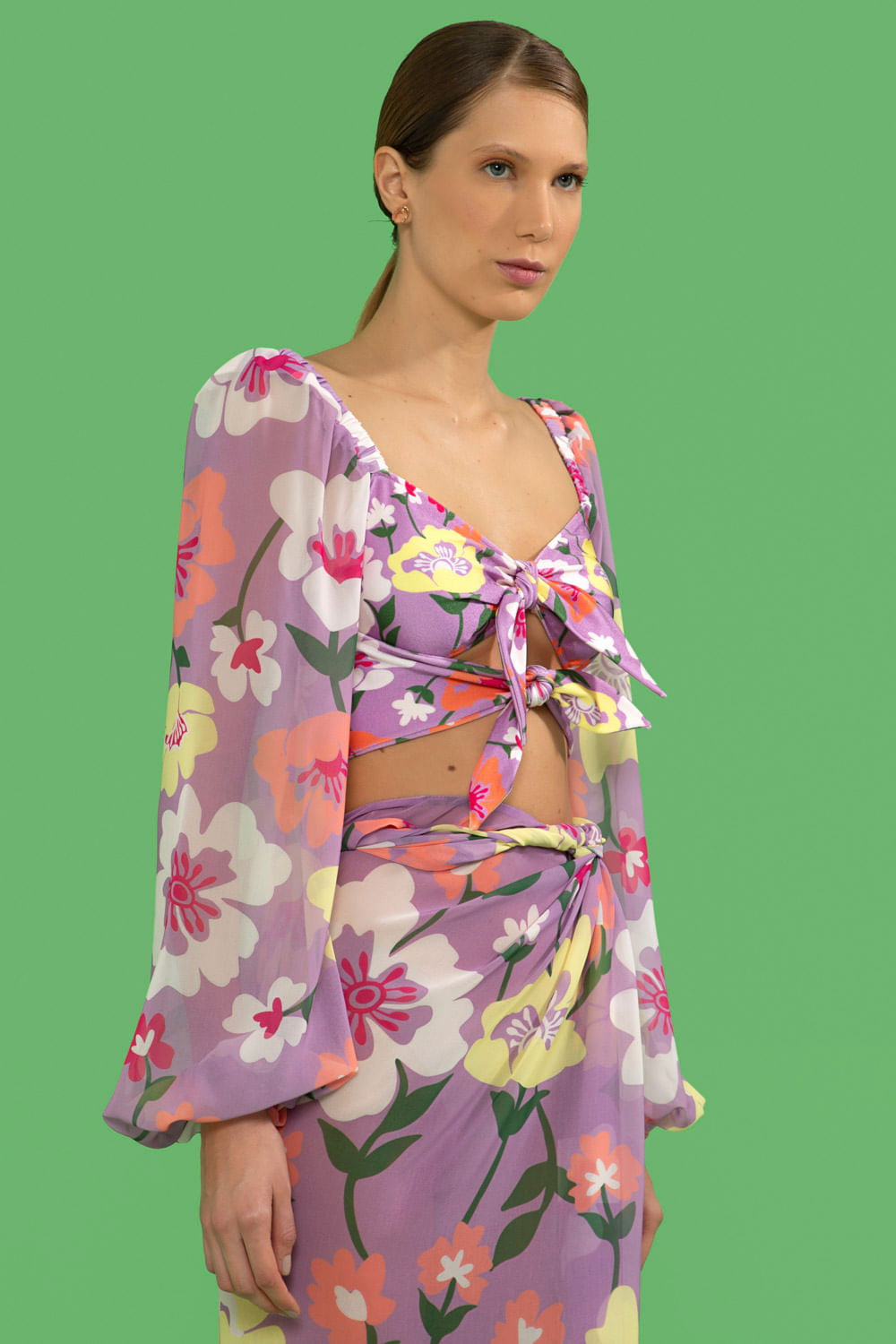 TOP BIQUÍNI MANGA LONGA RETRÔ FLOWER LILAS