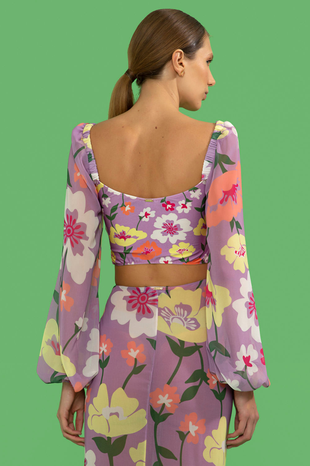 TOP BIQUÍNI MANGA LONGA RETRÔ FLOWER LILAS