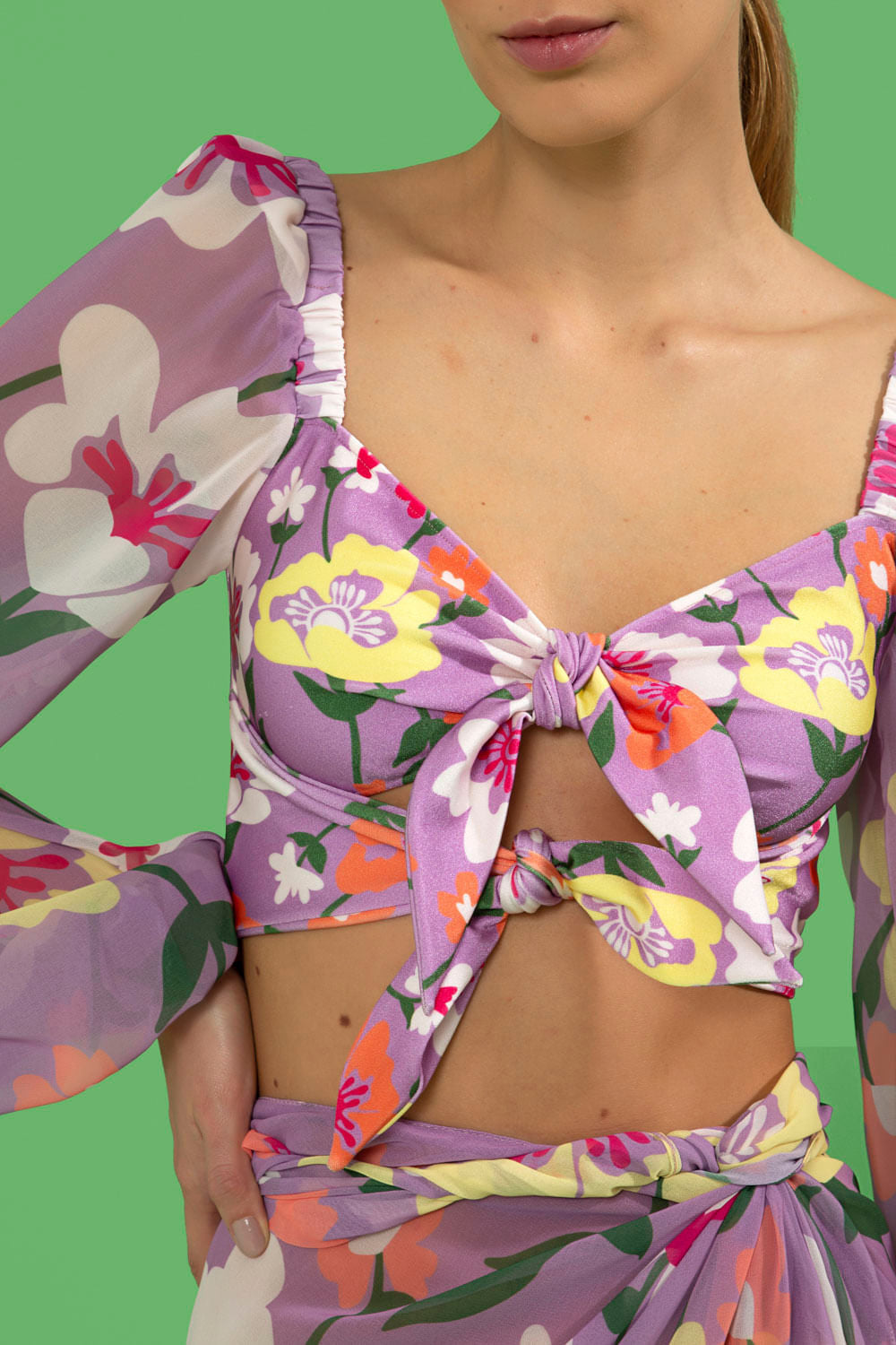 TOP BIQUÍNI MANGA LONGA RETRÔ FLOWER LILAS