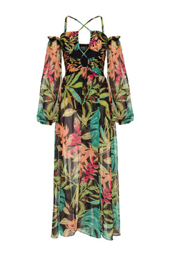VESTIDO LONGO FRANZIDO TROPICÁLIA PRETO