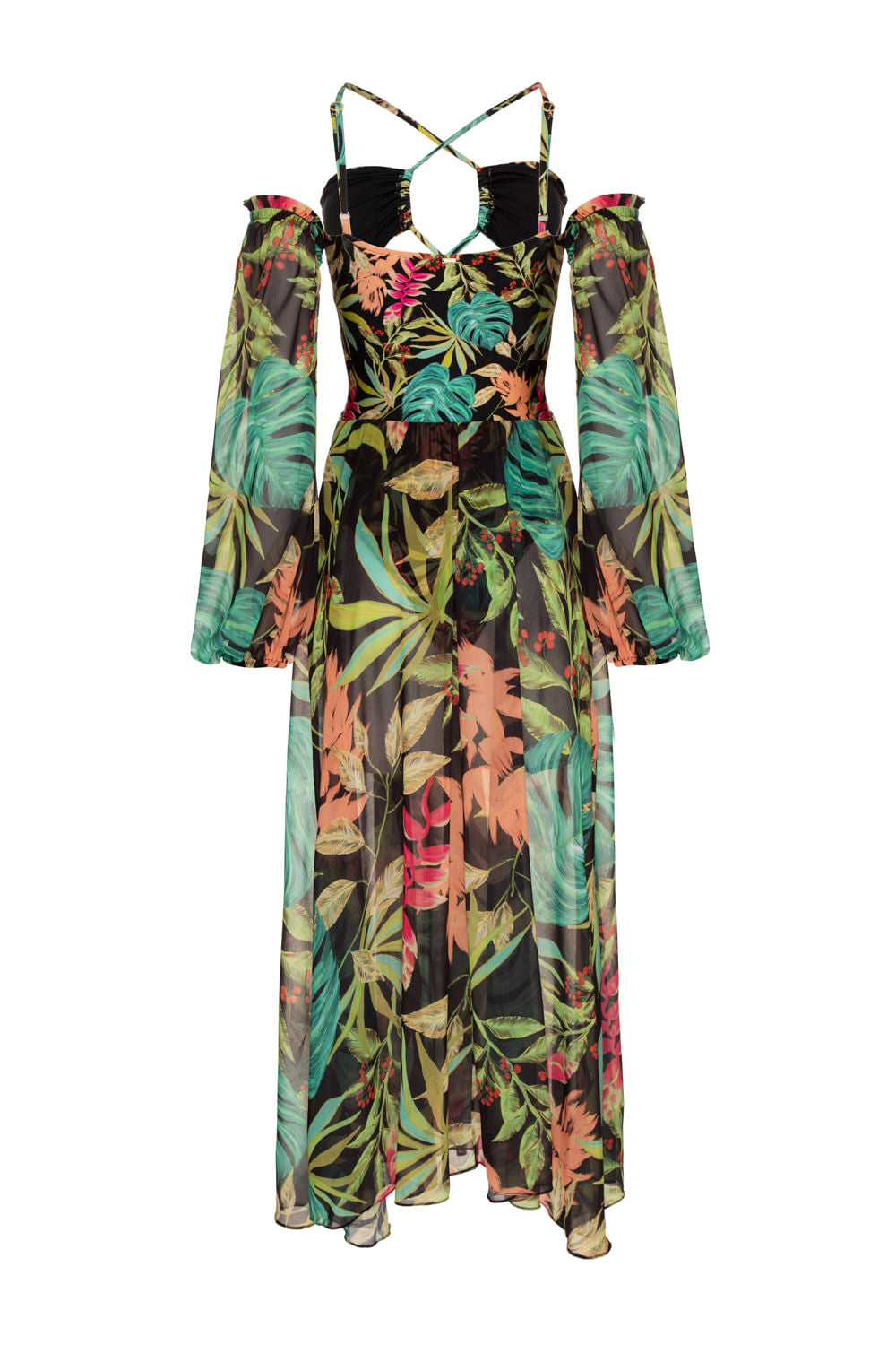 VESTIDO LONGO FRANZIDO TROPICÁLIA PRETO