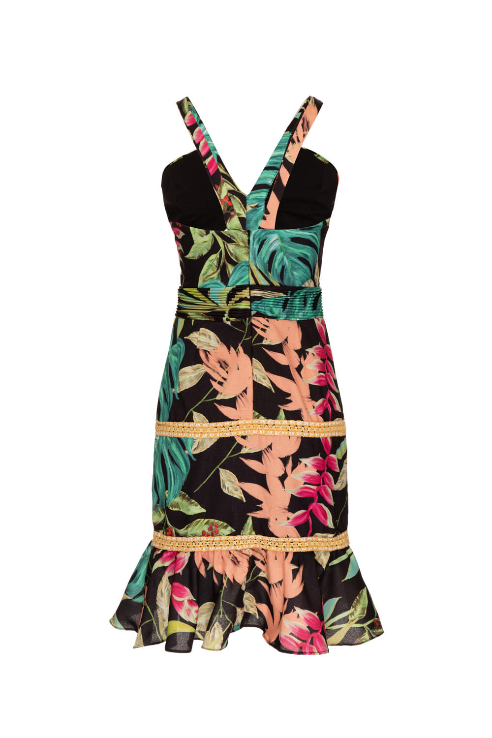 VESTIDO MÍDI FRANZIDO TROPICÁLIA PRETO