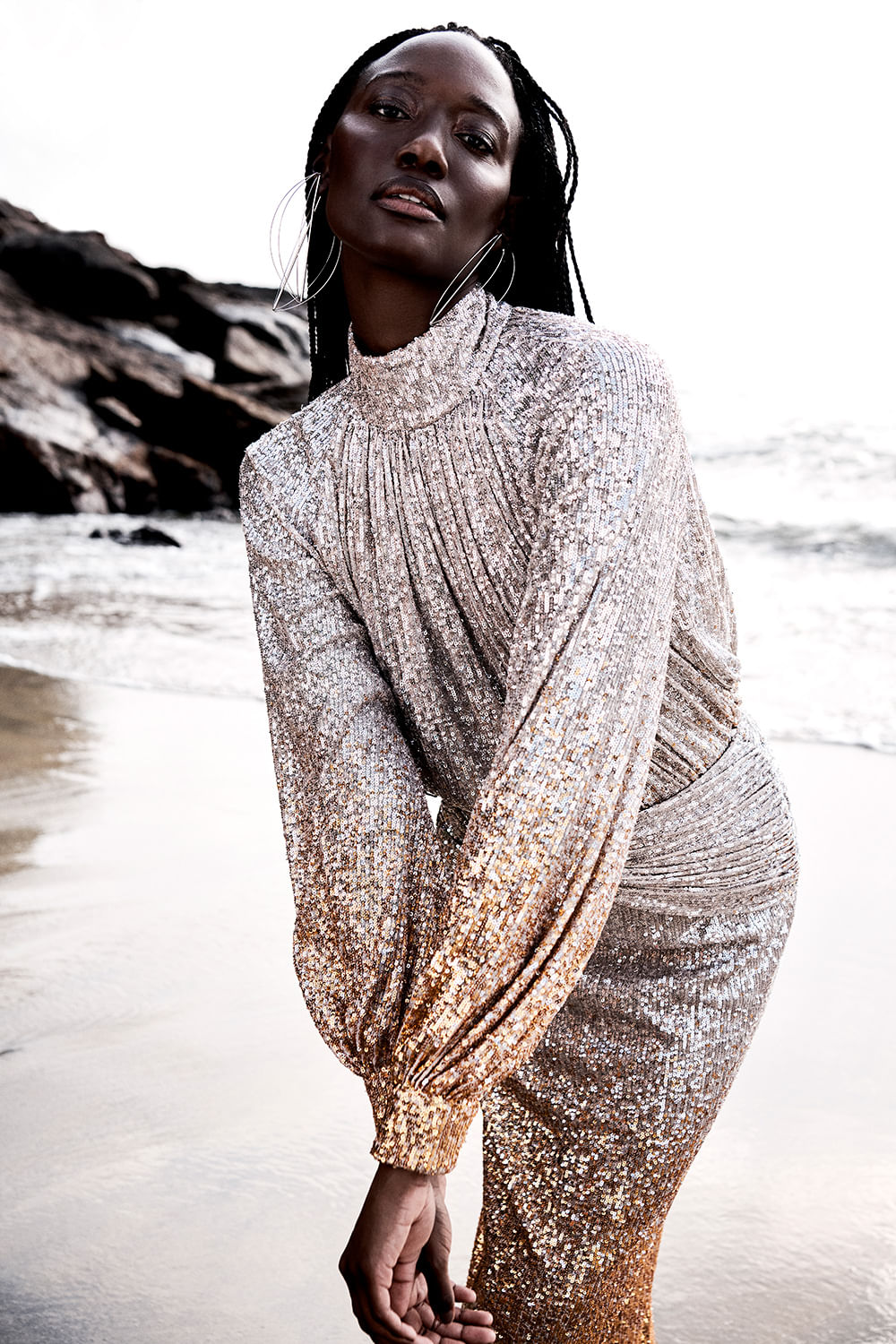 BLUSA GOLA ALTA PAETÊ GOLDEN STAR PRATA E DOURADO