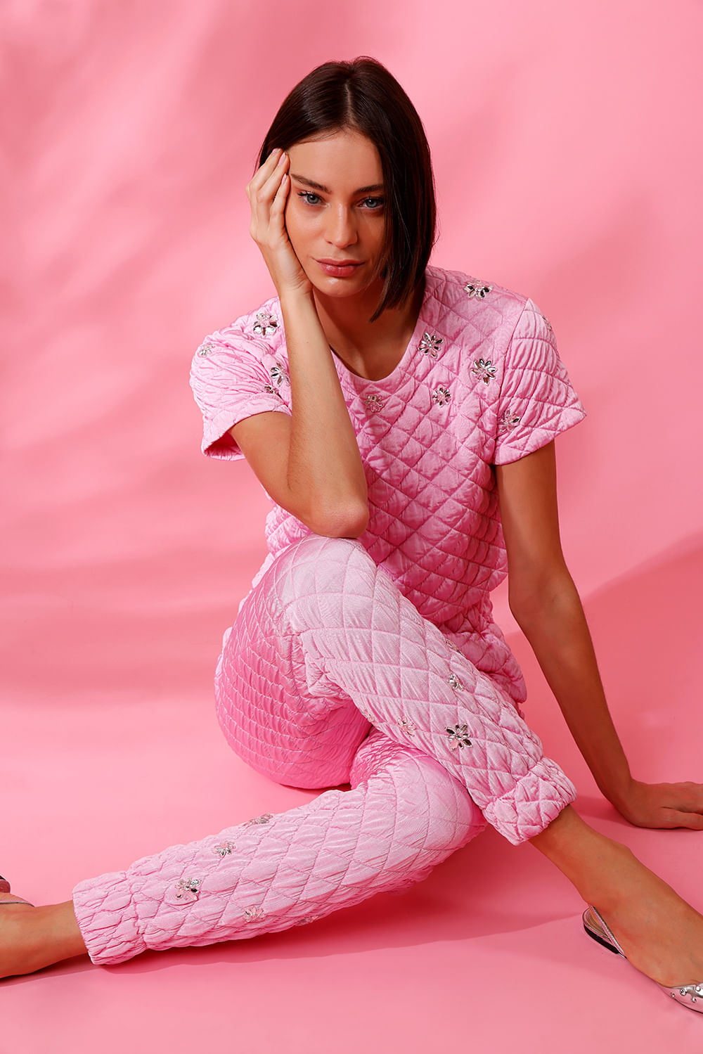 CALÇA BORDADA MATELASSÊ SHINE DROP ROSA