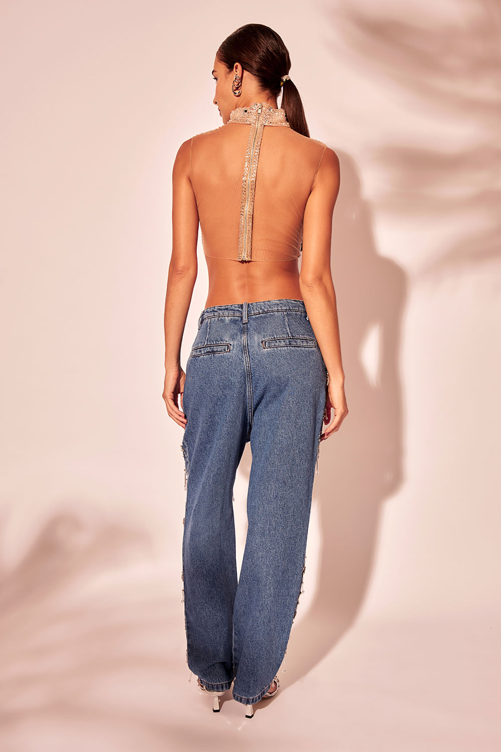 TOP CROPPED GOLA ALTA TULE GLAM MOSS PRATA