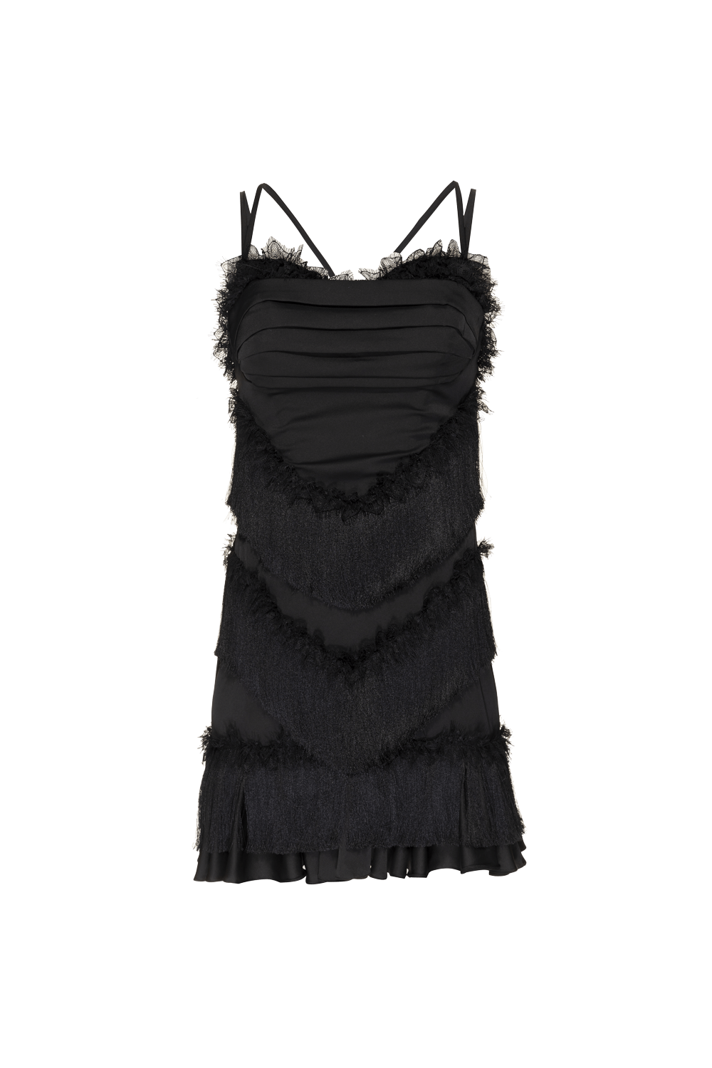 VESTIDO CURTO FRANJAS CETIM OLD GLAM PRETO