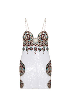 VESTIDO CURTO RECORTES BORDADO PAETÊ VIBRANT OFF WHITE
