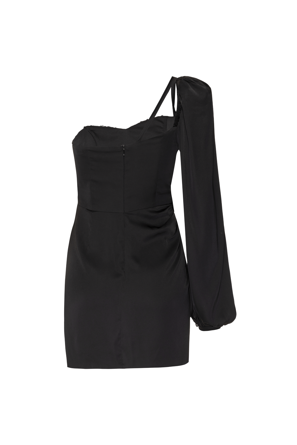VESTIDO CURTO MANGA ÚNICA CETIM OLD GLAM PRETO