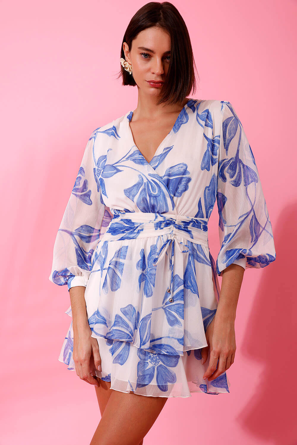 VESTIDO CURTO TRANSPASSADO SUZY FLOWER OFF WHITE