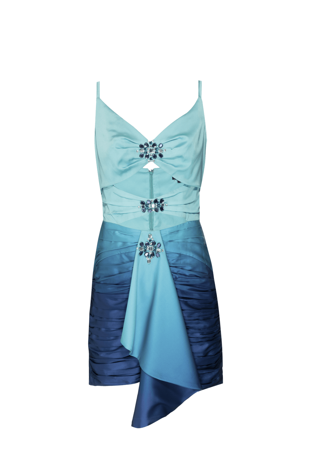 VESTIDO CURTO RECORTES BORDADO CETIM DEGRADÊ ACQUA AZUL COM VERDE