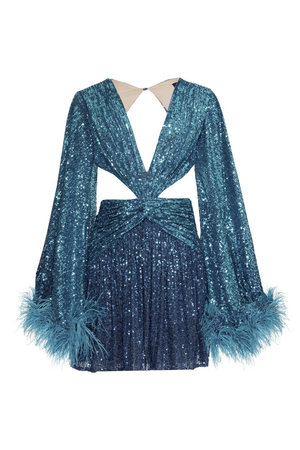 VESTIDO CURTO PLUMAS PAETÊ ACQUA AZUL