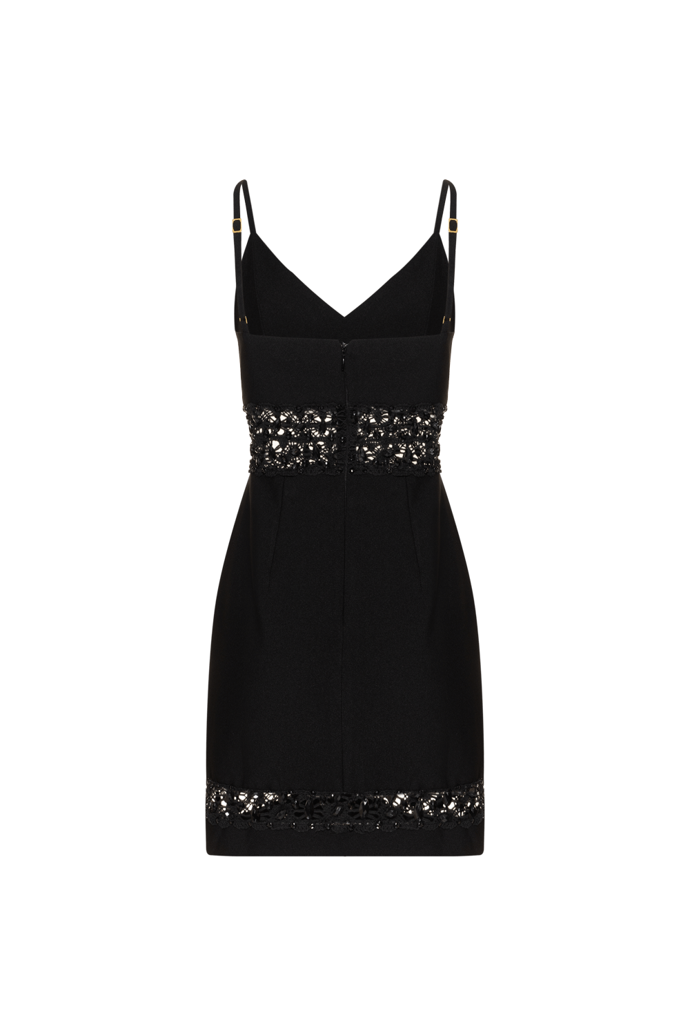VESTIDO CURTO RECORTES BORDADO CREPE JOYFUL PRETO
