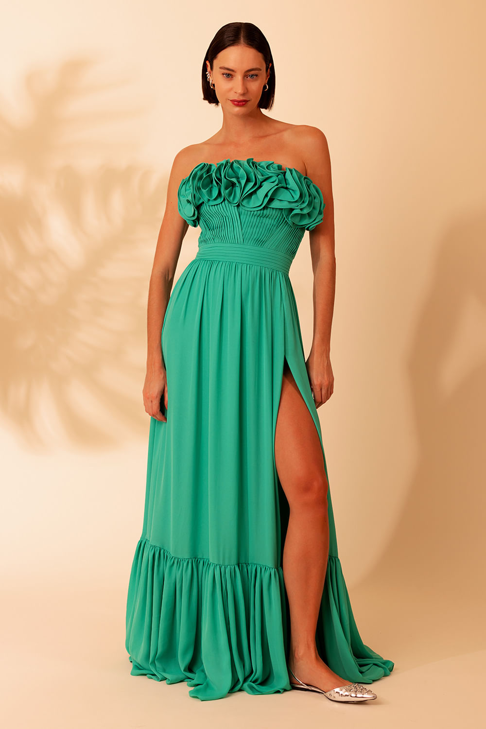 VESTIDO LONGO BABADOS CREPE GRACE AZUL