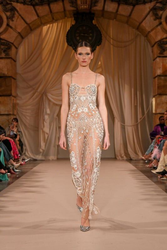 VESTIDO LONGO BORDADO TULE GLAM MOSS OFF WHITE