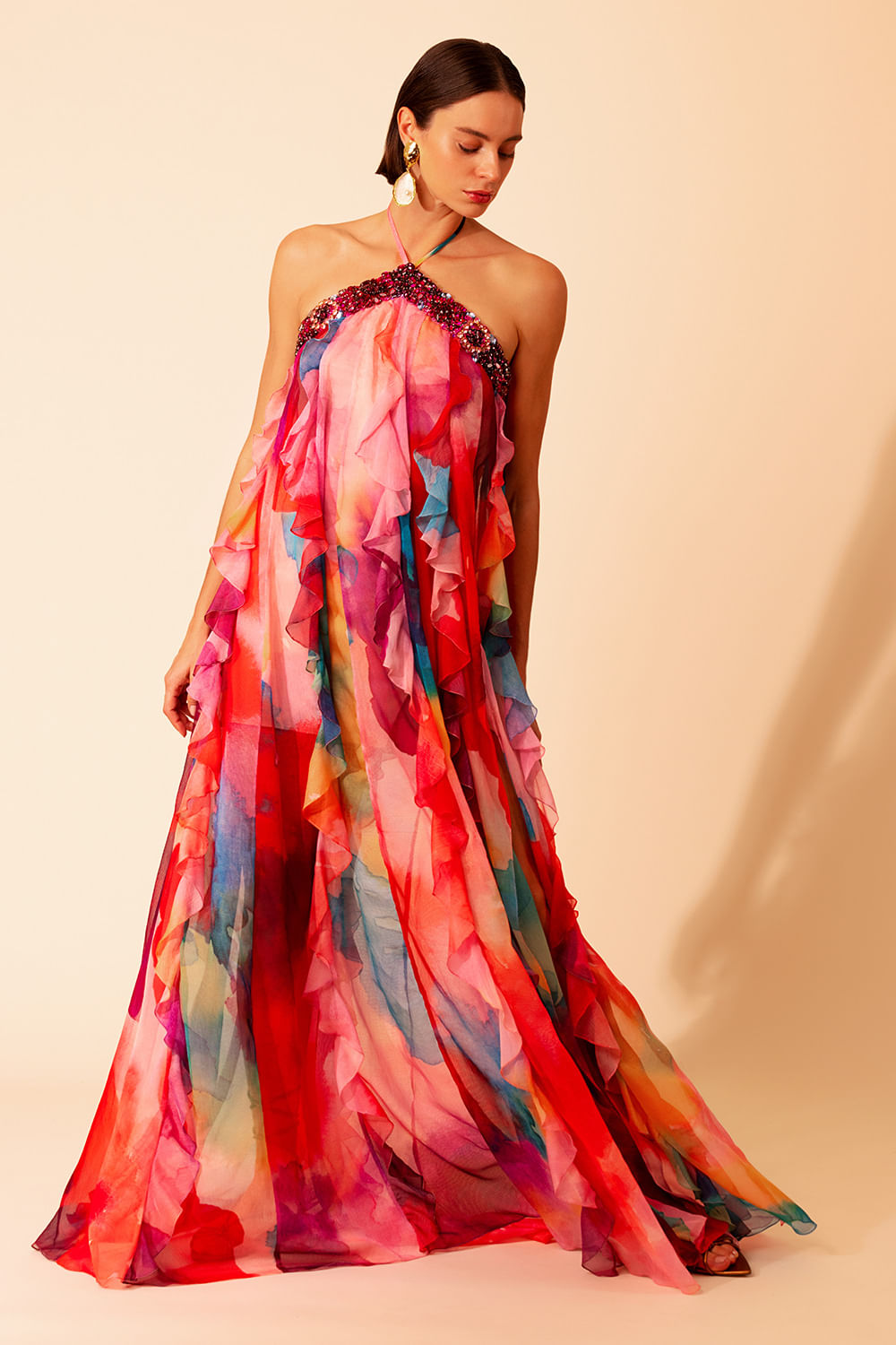 VESTIDO LONGO FRENTE ÚNICA ACQUARELA ROSA