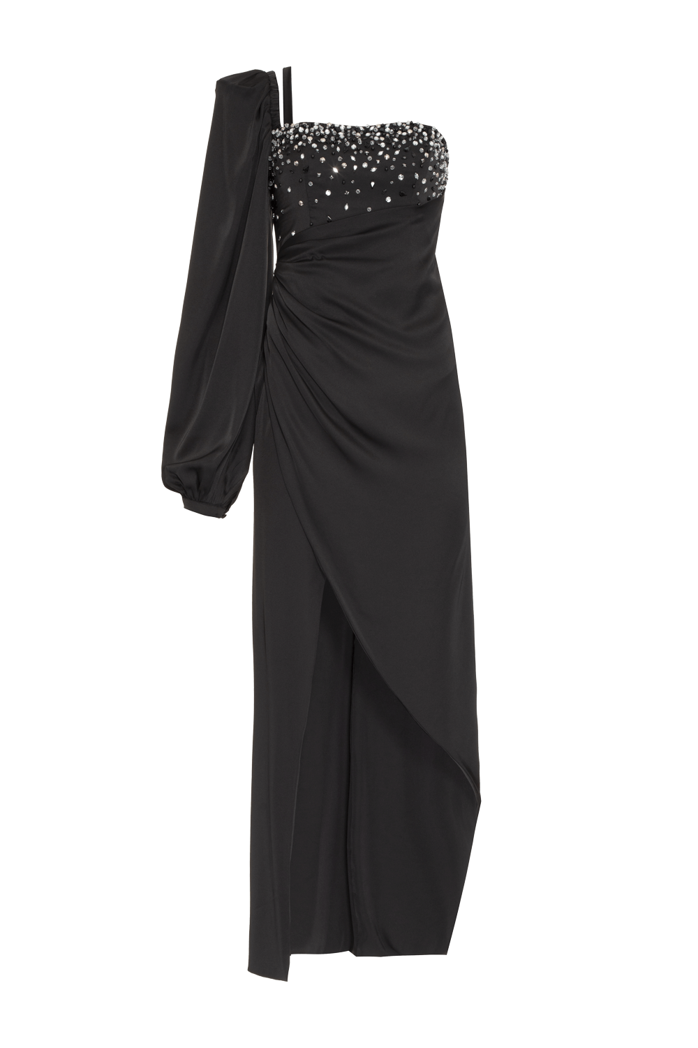 VESTIDO LONGO MANGA ÚNICA CETIM OLD GLAM PRETO