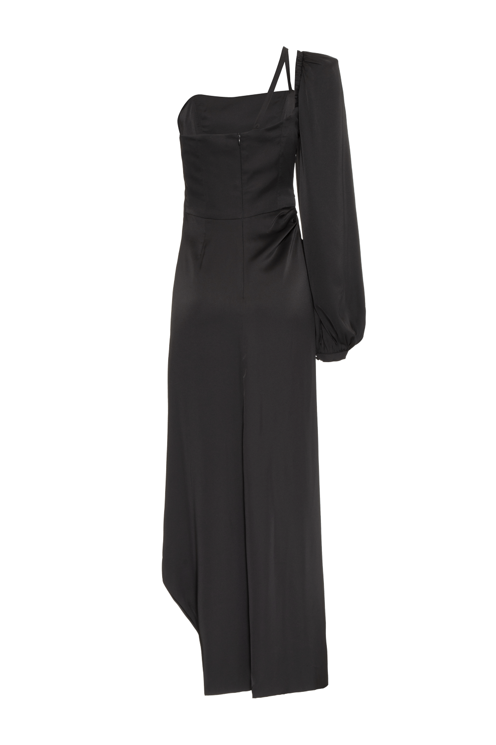 VESTIDO LONGO MANGA ÚNICA CETIM OLD GLAM PRETO