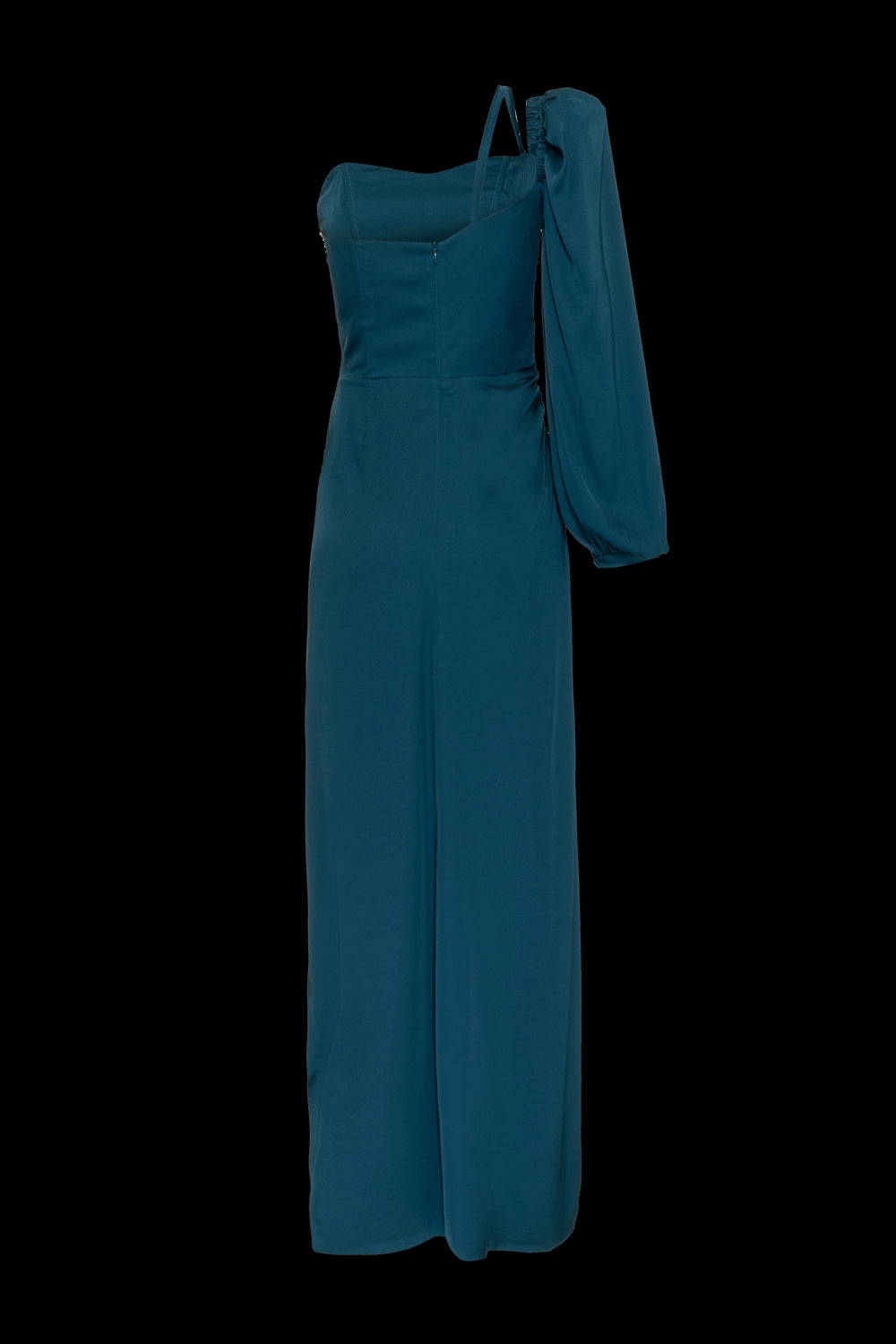 VESTIDO LONGO MANGA ÚNICA CETIM OLD GLAM VERDE