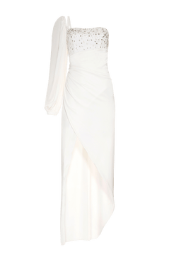 VESTIDO LONGO MANGA ÚNICA CETIM OLD GLAM OFF WHITE
