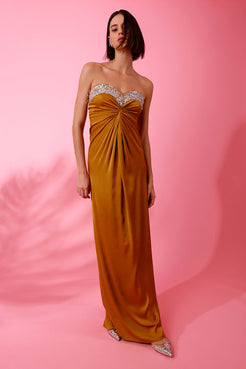 VESTIDO LONGO BORDADO CETIM MIRACLE MOOD AMARELO