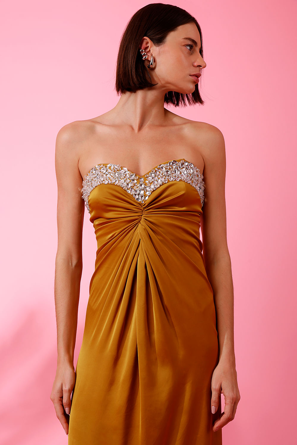 VESTIDO LONGO BORDADO CETIM MIRACLE MOOD AMARELO