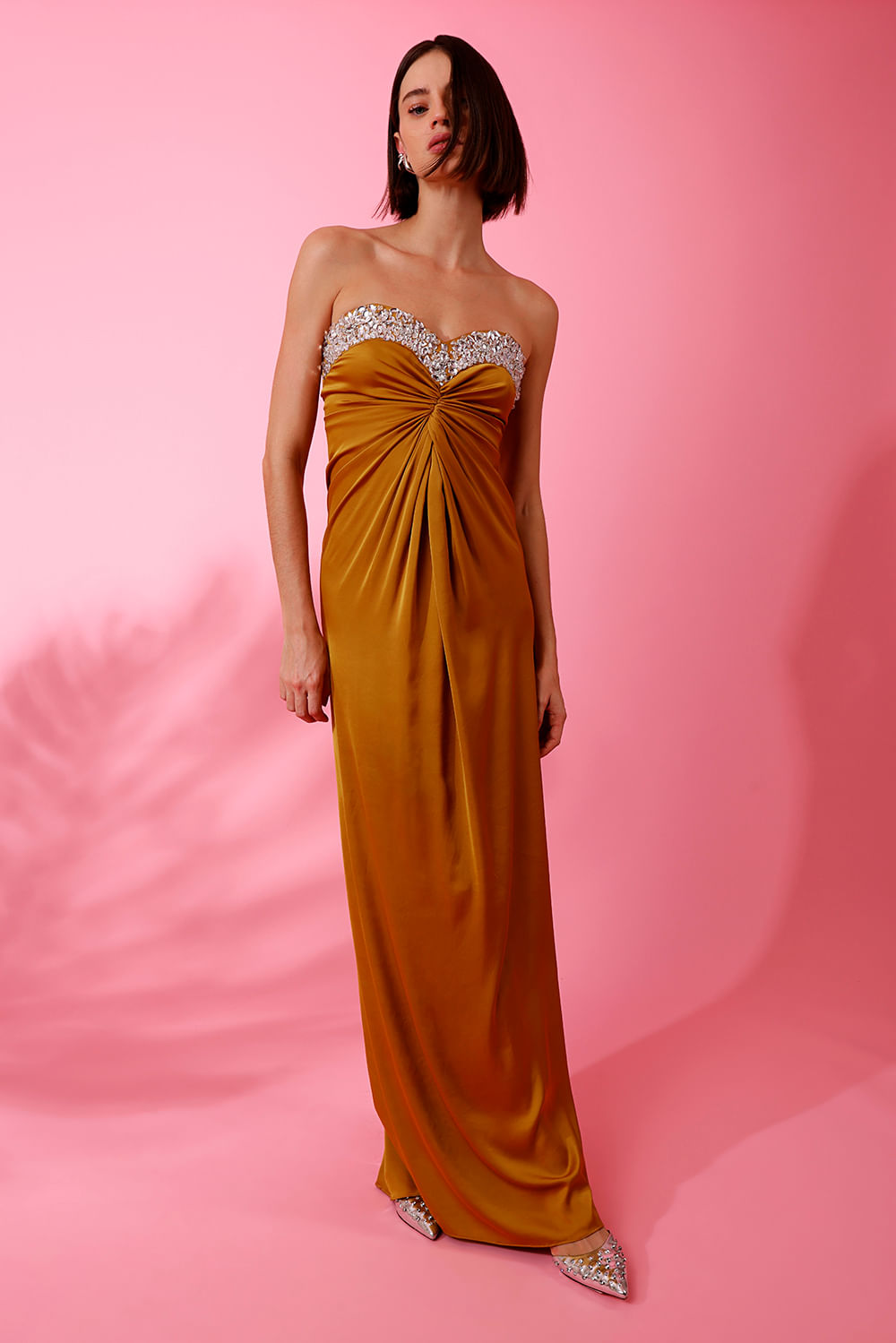 VESTIDO LONGO BORDADO CETIM MIRACLE MOOD AMARELO
